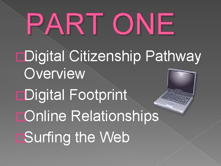 PART ONE �Digital Citizenship Pathway Overview �Digital Footprint �Online Relationships �Surfing the Web 