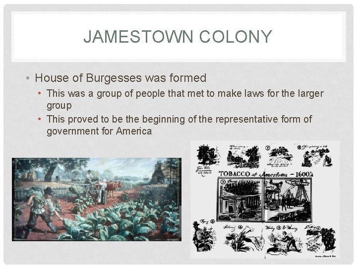 JAMESTOWN COLONY • House of Burgesses was formed • This was a group of