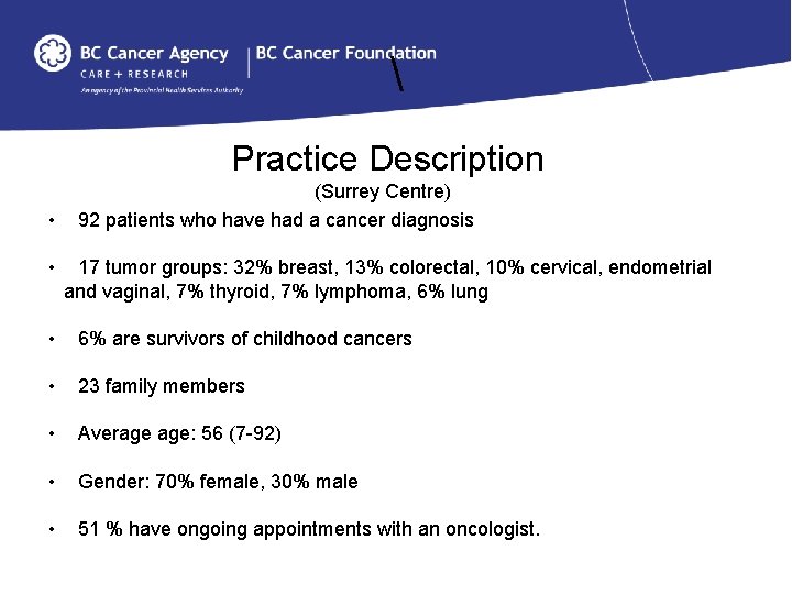  Practice Description • • (Surrey Centre) 92 patients who have had a cancer