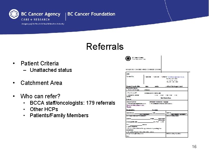 Referrals • Patient Criteria – Unattached status • Catchment Area • Who can refer?
