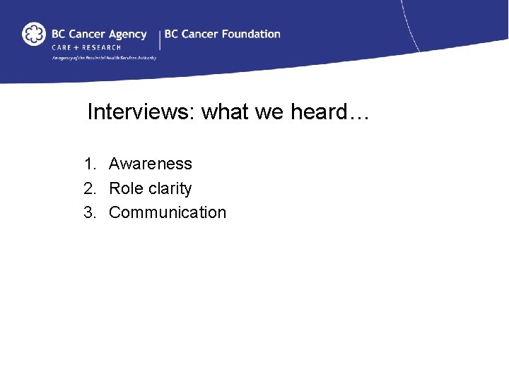 Interviews: what we heard… 1. Awareness 2. Role clarity 3. Communication 
