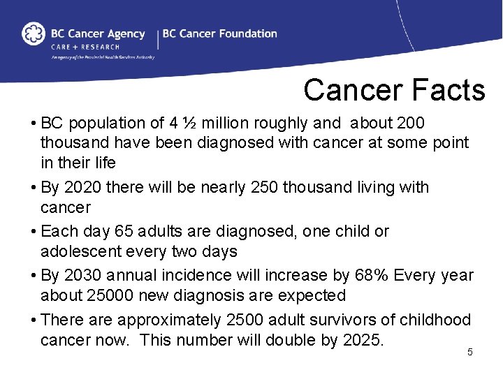 Cancer Facts • BC population of 4 ½ million roughly and about 200 thousand