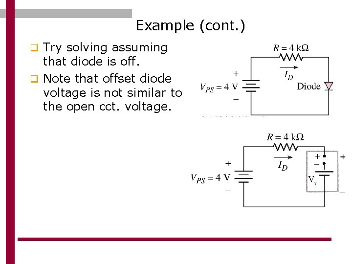 Example (cont. ) q Try solving assuming that diode is off. q Note that