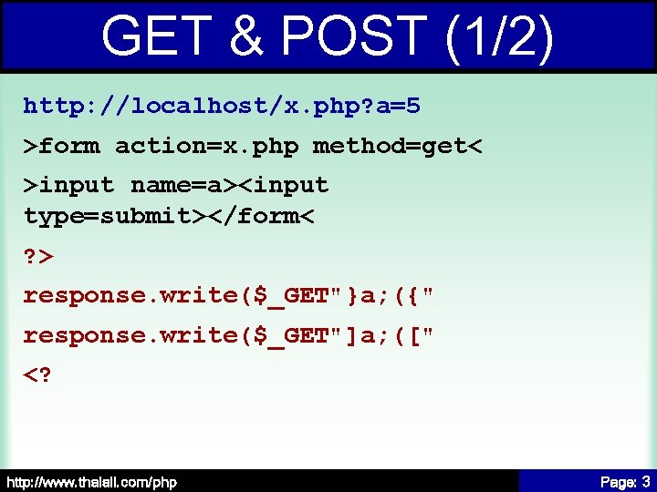 GET & POST (1/2) http: //localhost/x. php? a=5 >form action=x. php method=get< >input name=a><input