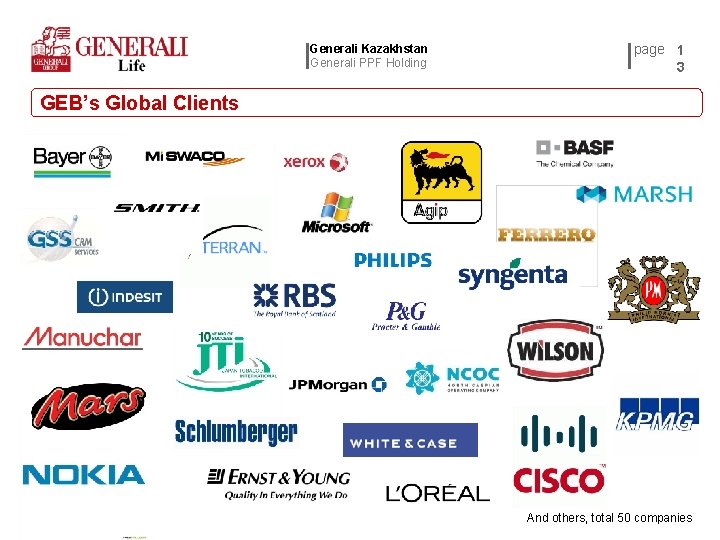 Generali Kazakhstan Generali PPF Holding page 1 3 GEB’s Global Clients And others, total