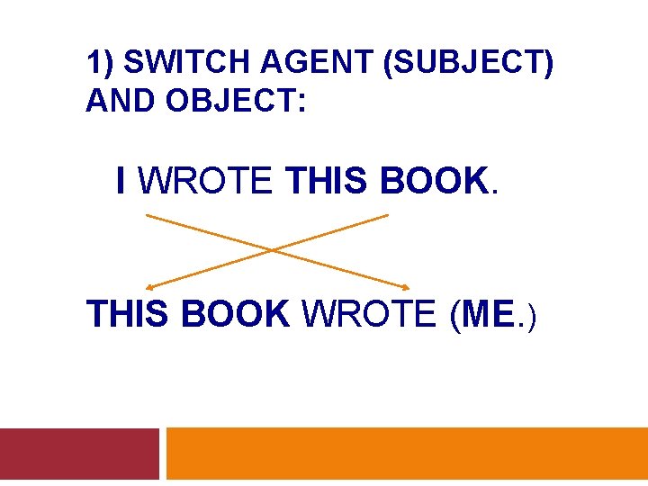 1) SWITCH AGENT (SUBJECT) AND OBJECT: I WROTE THIS BOOK WROTE (ME. ) 