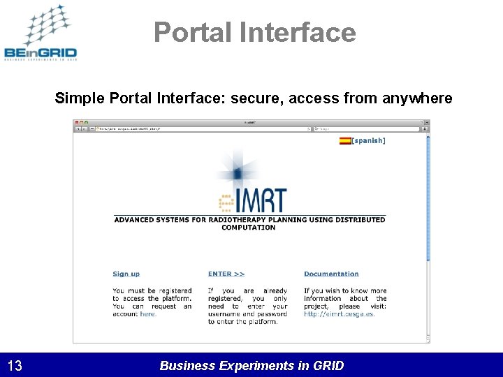 Portal Interface Simple Portal Interface: secure, access from anywhere 13 Business Experiments in GRID