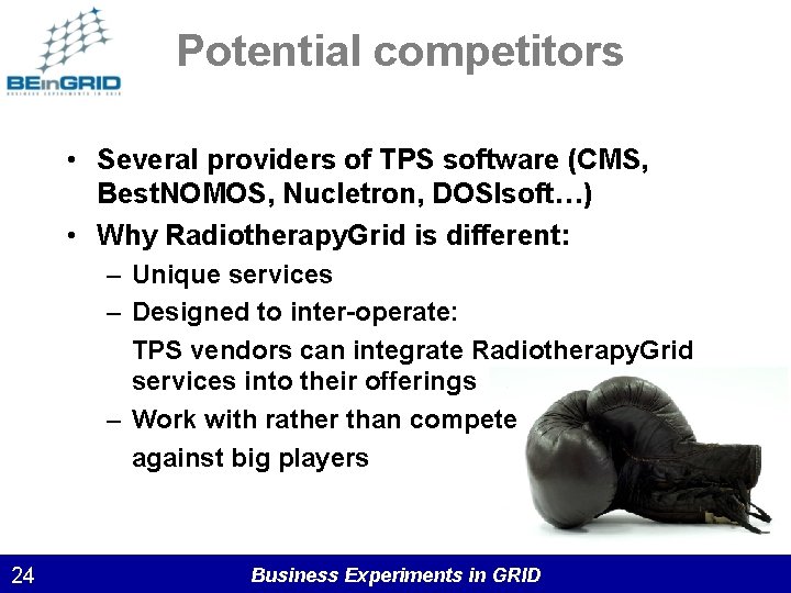 Potential competitors • Several providers of TPS software (CMS, Best. NOMOS, Nucletron, DOSIsoft…) •