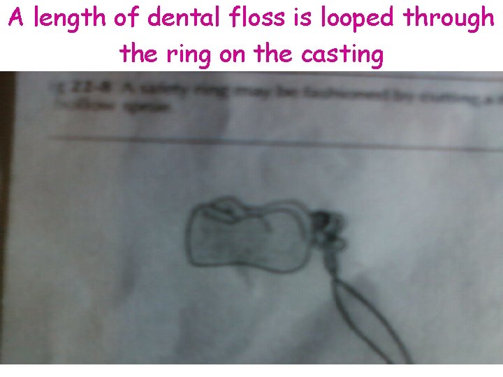 A length of dental floss is looped through the ring on the casting 