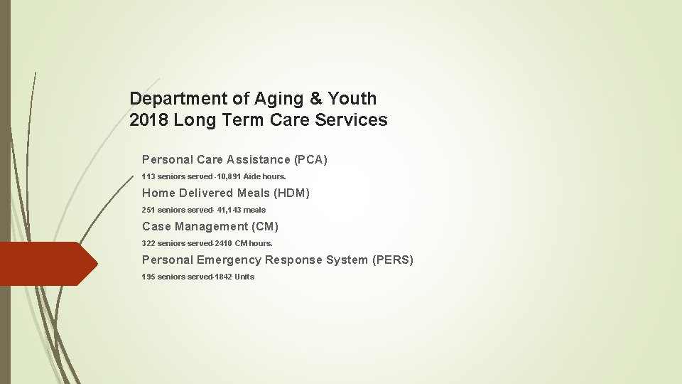 Department of Aging & Youth 2018 Long Term Care Services Personal Care Assistance (PCA)