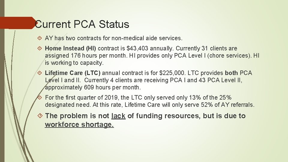 Current PCA Status AY has two contracts for non-medical aide services. Home Instead (HI)