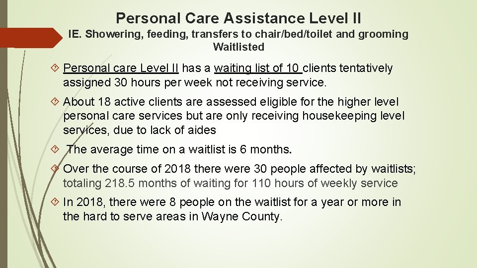 Personal Care Assistance Level II IE. Showering, feeding, transfers to chair/bed/toilet and grooming Waitlisted