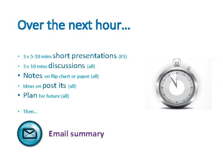 Over the next hour… • 3 x 5 -10 mins short presentations (KS) •