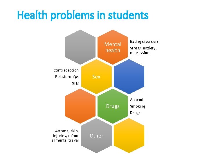 Health problems in students Mental health Eating disorders Stress, anxiety, depression Contraception Relationships STIs