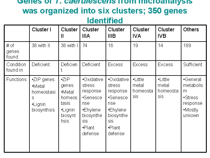 Genes of T. caerulescens from microanalysis was organized into six clusters; 350 genes Identified