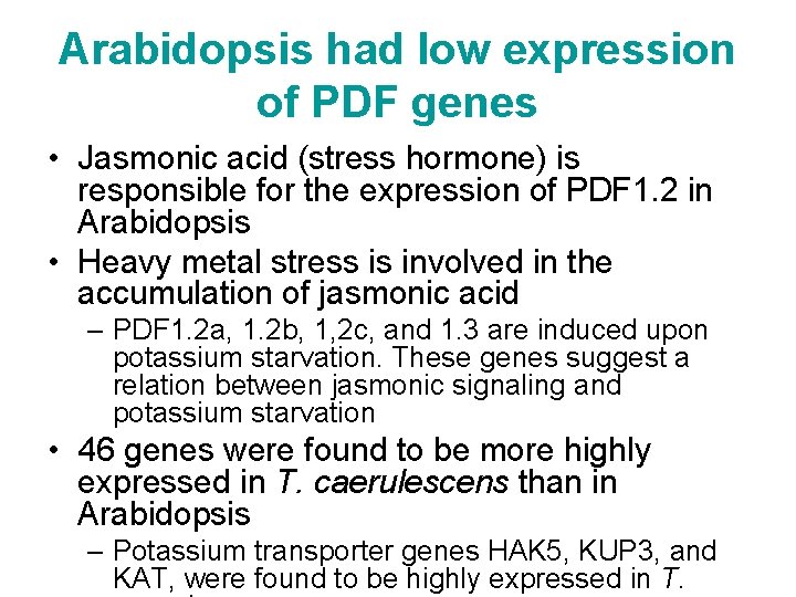 Arabidopsis had low expression of PDF genes • Jasmonic acid (stress hormone) is responsible
