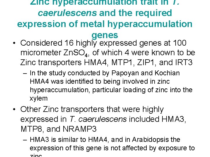 Zinc hyperaccumulation trait in T. caerulescens and the required expression of metal hyperaccumulation genes