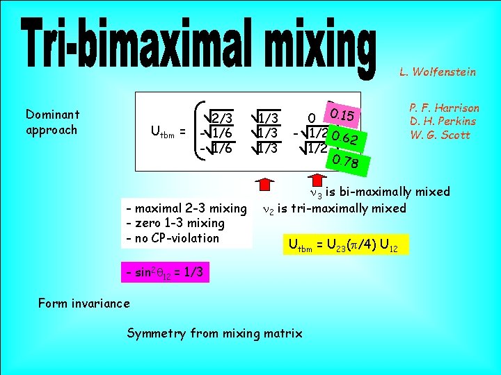 L. Wolfenstein Dominant approach Utbm = 2/3 - 1/6 - maximal 2 -3 mixing