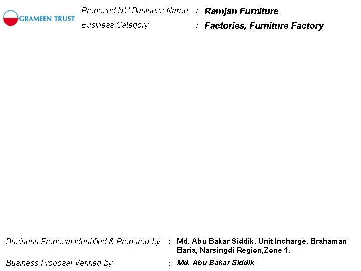 Proposed NU Business Name : Ramjan Furniture Business Category Business Proposal Identified & Prepared