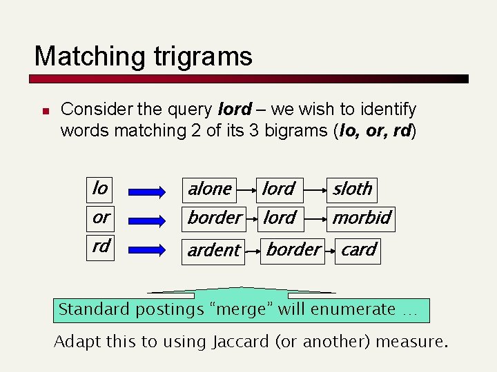 Matching trigrams n Consider the query lord – we wish to identify words matching