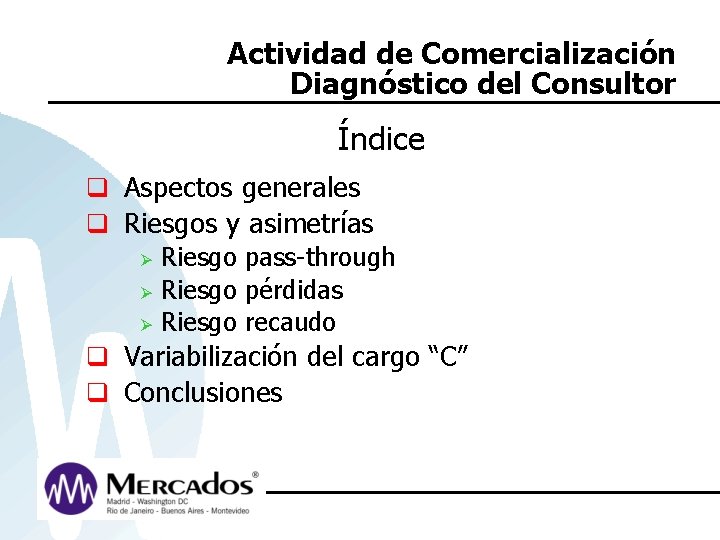 Actividad de Comercialización Diagnóstico del Consultor Índice q Aspectos generales q Riesgos y asimetrías