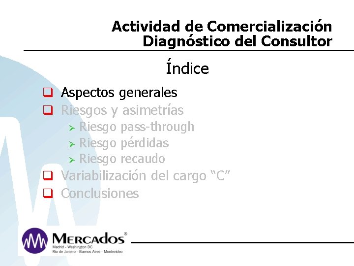 Actividad de Comercialización Diagnóstico del Consultor Índice q Aspectos generales q Riesgos y asimetrías