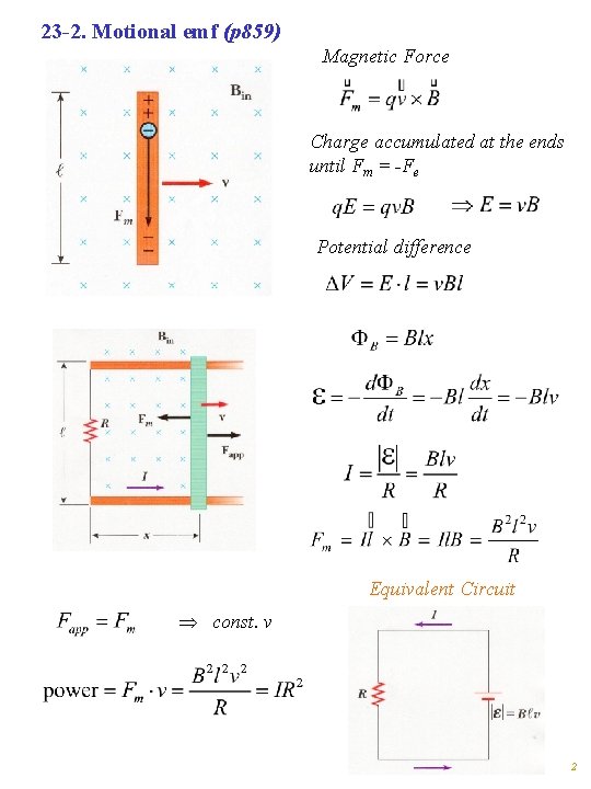 23 -2. Motional emf (p 859) Magnetic Force Charge accumulated at the ends until