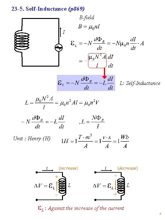 23 -5. Self-Inductance (p 869) B-field I L: Self-Inductance Unit : Henry (H) i