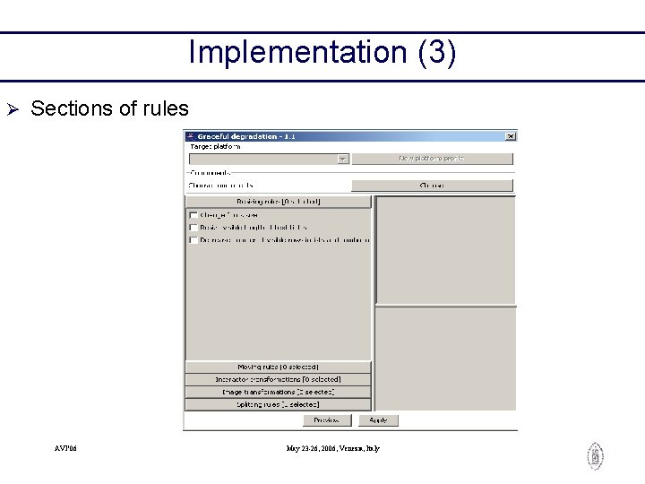 Implementation (3) Ø Sections of rules AVI’ 06 May 23 -26, 2006, Venezia, Italy