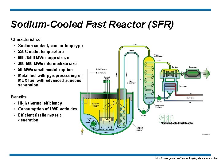 Sodium-Cooled Fast Reactor (SFR) Characteristics • • • Sodium coolant, pool or loop type