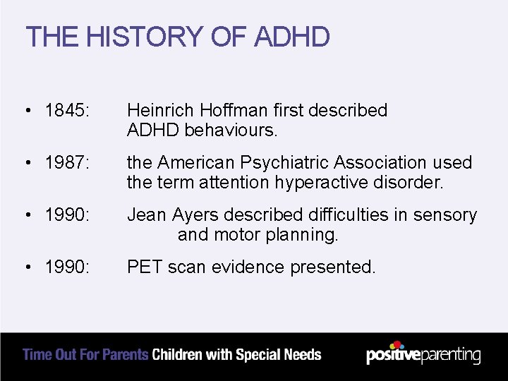 THE HISTORY OF ADHD • 1845: Heinrich Hoffman first described ADHD behaviours. • 1987: