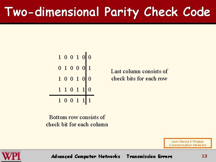 Two-dimensional Parity Check Code 1 0 0 0 1 1 0 0 Last column