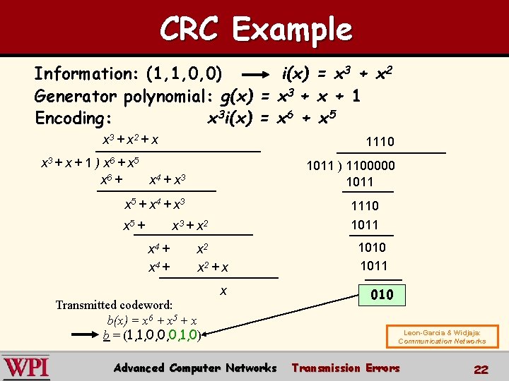 CRC Example Information: (1, 1, 0, 0) Generator polynomial: g(x) Encoding: x 3 i(x)