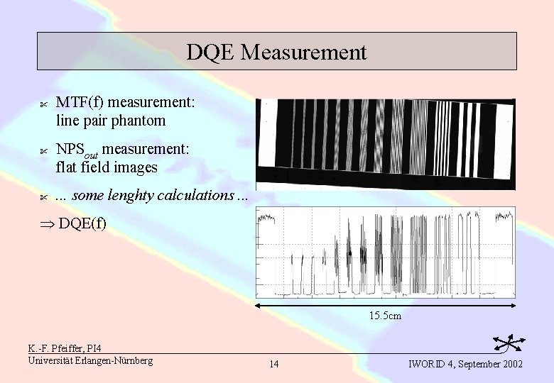 DQE Measurement " " " MTF(f) measurement: line pair phantom NPSout measurement: flat field