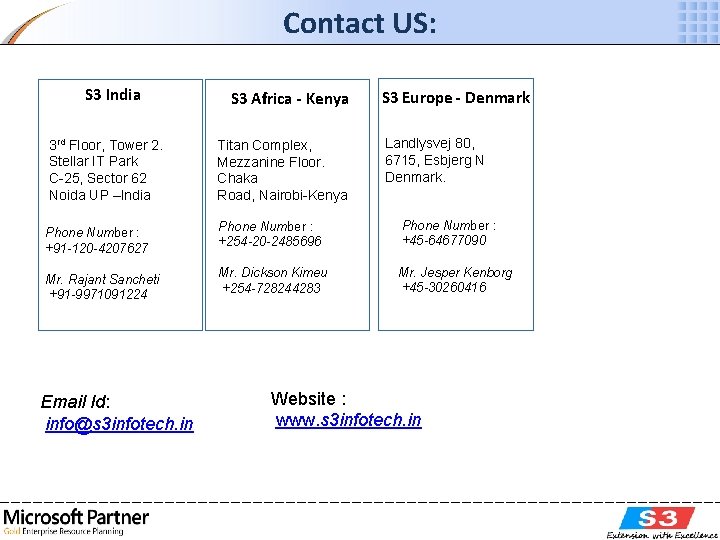 Contact US: S 3 India . 3 rd Floor, Tower 2. Stellar IT Park