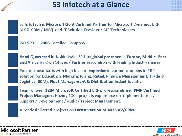 S 3 Infotech at a Glance S 3 Info. Tech is Microsoft Gold Certified