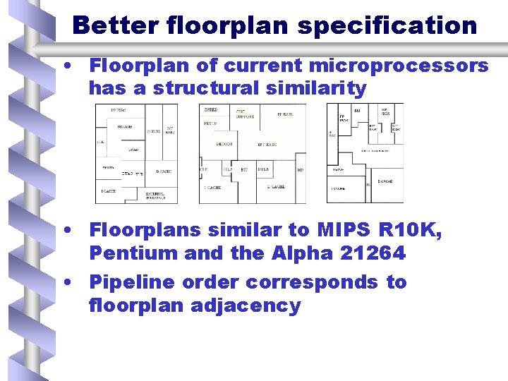 Better floorplan specification • Floorplan of current microprocessors has a structural similarity • Floorplans
