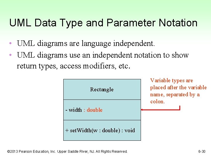 UML Data Type and Parameter Notation • UML diagrams are language independent. • UML