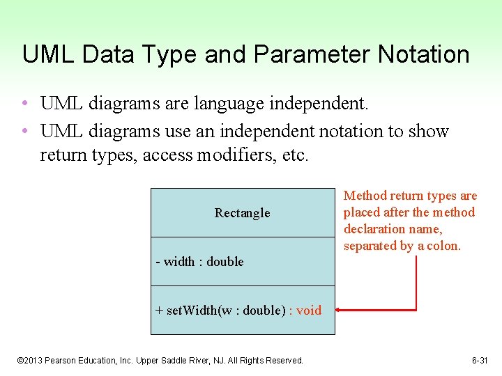 UML Data Type and Parameter Notation • UML diagrams are language independent. • UML