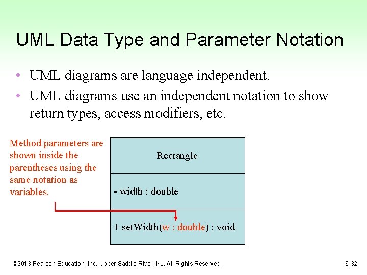 UML Data Type and Parameter Notation • UML diagrams are language independent. • UML