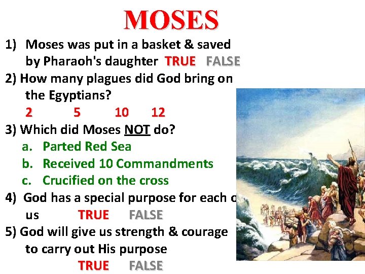 MOSES 1) Moses was put in a basket & saved by Pharaoh's daughter TRUE