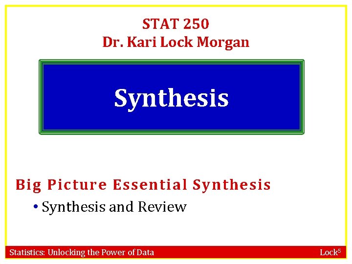 STAT 250 Dr. Kari Lock Morgan Synthesis Big Picture Essential Synthesis • Synthesis and