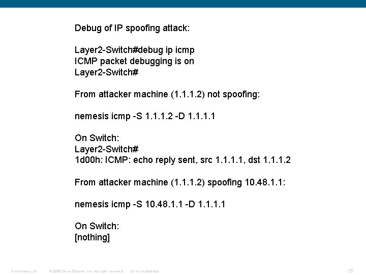 Debug of IP spoofing attack: Layer 2 -Switch#debug ip icmp ICMP packet debugging is