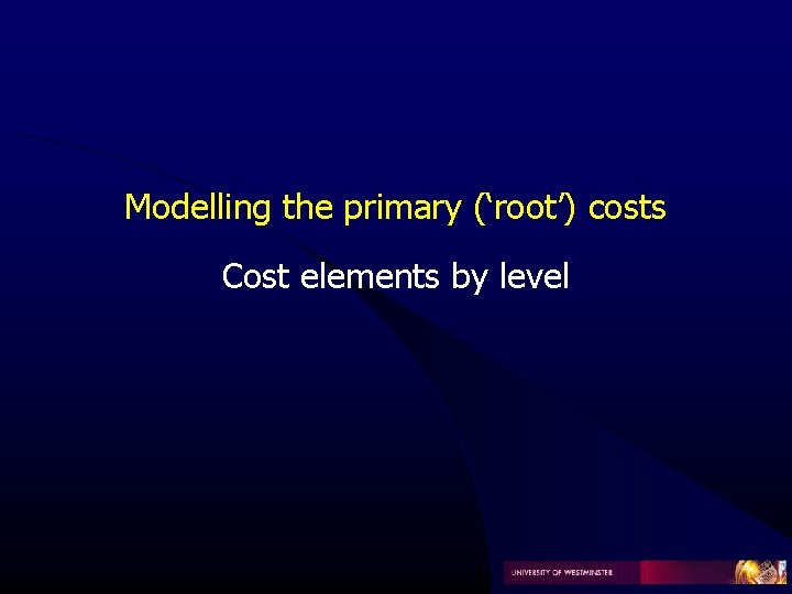 Modelling the primary (‘root’) costs Cost elements by level Modelling the primary (‘root’) costs Cost elements by level