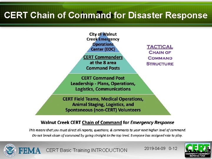 CERT Chain of Command for Disaster Response CERT Basic Training INTRODUCTION 2019 -04 -09