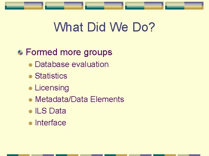 What Did We Do? Formed more groups Database evaluation l Statistics l Licensing l