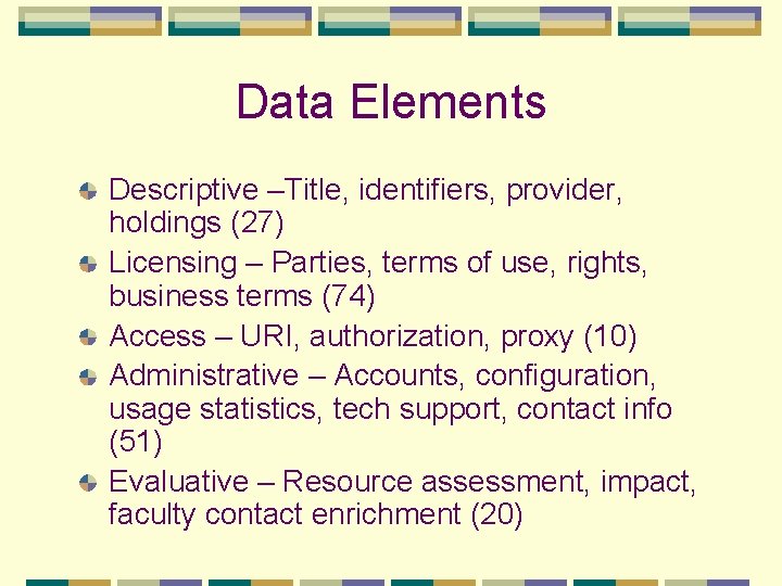 Data Elements Descriptive –Title, identifiers, provider, holdings (27) Licensing – Parties, terms of use,