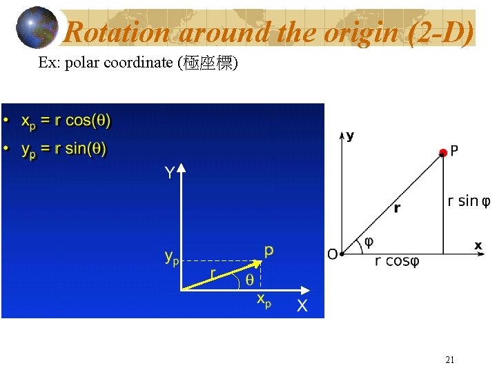 Rotation around the origin (2 -D) Ex: polar coordinate (極座標) 21 