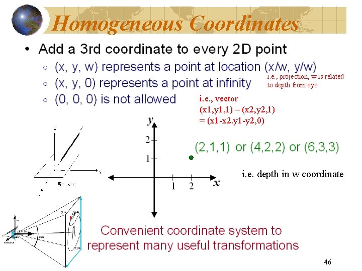 Homogeneous Coordinates i. e. , projection, w is related to depth from eye i.