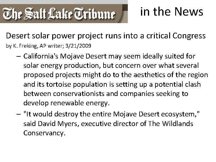 in the News Desert solar power project runs into a critical Congress by K.